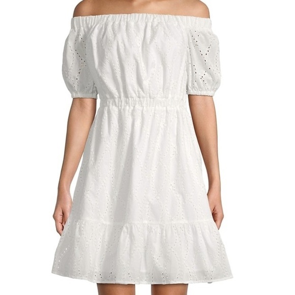 MICHAEL MICHAEL KORS WHITE Eyelet-Embroidered Off-the-Shoulder Dress SIZE XS NWT